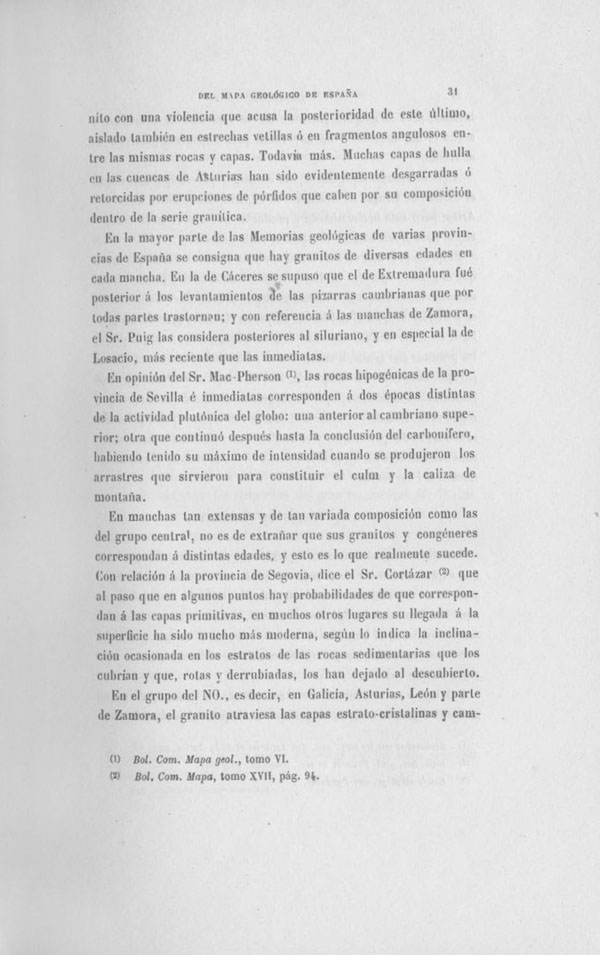 Página 31. Capítulo Primero. Mapa Geológico de España. Tomo I, explicación por Lucas Mallada. Madrid. 1895.