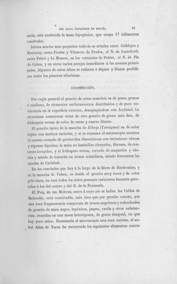 Página 39. Capítulo Primero. Mapa Geológico de España. Tomo I, explicación por Lucas Mallada. Madrid. 1895.