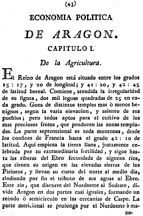 Historia de la Economía politica de Aragón. Ignacio Jordán Claudio de Asso y del Río. 1798. Historia de la Economía política de Aragón. Ignacio Jordán Claudio de Asso y del Río. 1798. Página 43