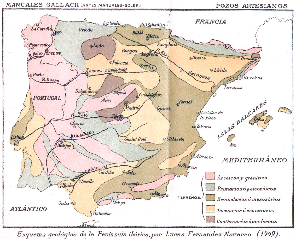 Elementos de Historia Natural por Emilio Ribera Gómez. Lámina 10. Mapa Geológico de España y Portugal.