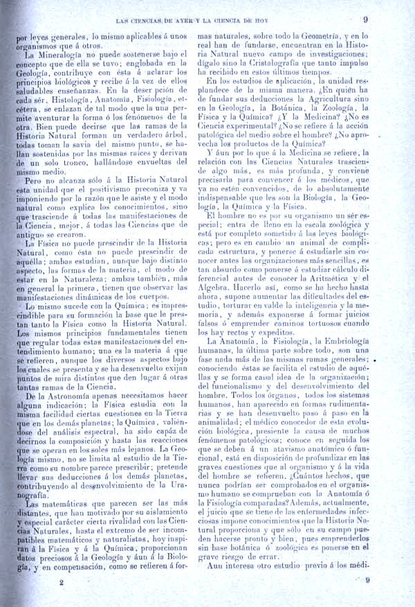 Página 9. Tomo I.  Tratado I. Historia Natural. Las ciencias de ayer y la ciencia de hoy.