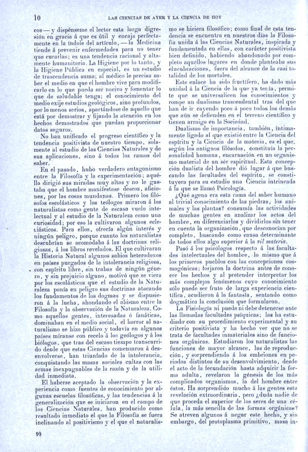 Página 10. Tomo I.  Tratado I. Historia Natural. Las ciencias de ayer y la ciencia de hoy.