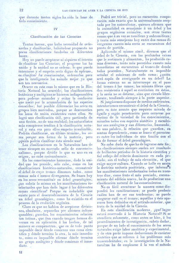 Página 12. Tomo I.  Tratado I. Historia Natural. Las ciencias de ayer y la ciencia de hoy.