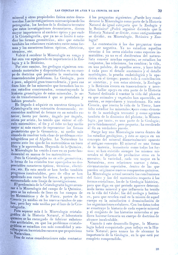 Página 39. Tomo I.  Tratado I. Historia Natural. Las ciencias de ayer y la ciencia de hoy.