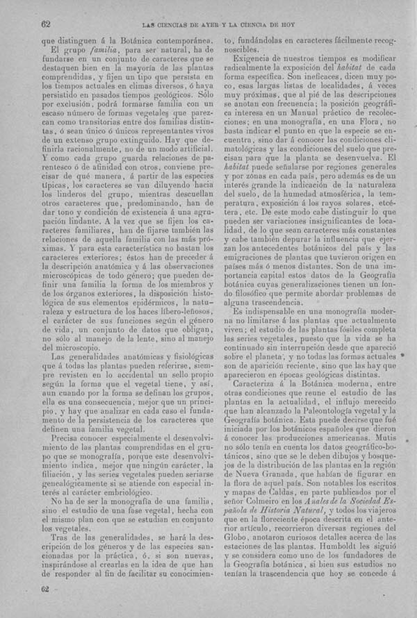 Página 62. Tomo I.  Tratado I. Historia Natural. Las ciencias de ayer y la ciencia de hoy.